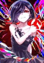 Rule 34 | 1girl, bare arms, bare shoulders, black dress, breasts, collarbone, dress, hair over one eye, hand on own shoulder, highres, kagune (tokyo ghoul), kirishima touka, large breasts, looking at viewer, medium breasts, multicolored background, parted lips, red background, red eyes, segawa me no, short hair, solo, teeth, tokyo ghoul