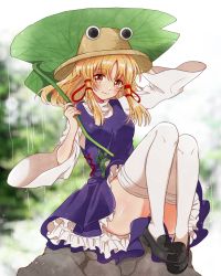 Rule 34 | 1girl, :3, blonde hair, blurry, blurry background, blush, breasts, closed mouth, commentary, dress, frilled dress, frills, full body, hair between eyes, hand on headwear, holding, holding leaf, leaf, leaf umbrella, legs together, looking at viewer, medium breasts, medium hair, moriya suwako, okawa friend, outdoors, purple dress, pyonta, rain, rock, shirt, sidelocks, sitting, smile, solo, thighhighs, thighs, touhou, turtleneck, white shirt, white thighhighs, wide sleeves, yellow eyes