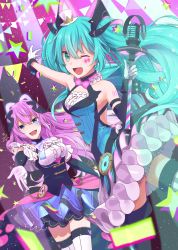 Rule 34 | 2girls, :d, ;d, absurdres, black sleeves, blue eyes, blue hair, detached sleeves, dutch angle, floating hair, gloves, green eyes, hair between eyes, hatsune miku, highres, holding, holding microphone stand, huge filesize, index finger raised, layered skirt, long hair, long sleeves, looking at viewer, magical mirai (vocaloid), magical mirai luka, magical mirai miku, magical mirai miku (2019), megurine luka, microphone stand, miniskirt, multiple girls, one eye closed, open mouth, outstretched arm, pink hair, pink neckwear, skirt, smile, so ra 01 02, standing, striped clothes, striped legwear, striped thighhighs, thighhighs, twintails, vertical-striped clothes, vertical-striped legwear, vertical-striped thighhighs, very long hair, vocaloid, white gloves, white legwear, white neckwear