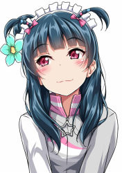 Rule 34 | 1girl, :3, alternate hairstyle, blue flower, blue hair, blunt bangs, blush, bow, closed mouth, flower, grey jacket, hair bow, hair flower, hair ornament, jacket, long hair, looking to the side, love live!, love live! sunshine!!, maid headdress, pink bow, red eyes, simple background, smile, solo, tsushima yoshiko, two side up, upper body, white background, yopparai oni