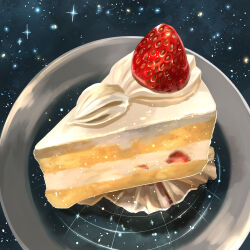 Rule 34 | cake, food, food focus, fruit, icing, no humans, original, plate, reflection, sky, star (sky), starry sky, still life, strawberry, strawberry shortcake, tsukimi tsumugu