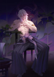 Rule 34 | 1boy, abs, absurdres, armlet, blurry, bonsai, chair, depth of field, earrings, facial mark, green nails, hair down, hakama, hands up, highres, indoors, interlocked fingers, japanese clothes, jewelry, kimetsu no yaiba, looking at viewer, male focus, medium hair, multicolored nails, multiple earrings, nail polish, navel, own hands together, pleated pants, purple eyes, red nails, sandals, sash, sitting, smile, solo, stool, sunlight, tabit, tatami, toned, toned male, topless male, uzui tengen, wallpaper (object), white hair, white legwear, zm-panda-, zouri