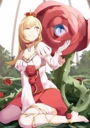 Rule 34 | 1girl, ;d, bad id, bad pixiv id, blonde hair, breasts, choker, cleavage, crown, flower, long hair, looking at viewer, mini crown, monster, one eye closed, open mouth, original, panda (pandadesu), red eyes, rose, sitting, smile, solo, thighhighs, white thighhighs, zettai ryouiki
