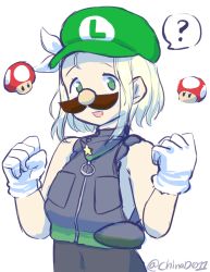Rule 34 | 1girl, ?, blonde hair, bodysuit, check commentary, chinad011, commentary request, cosplay, fake facial hair, fake mustache, gloves, green eyes, green hat, hat, highres, kantai collection, luigi, luigi (cosplay), luigi torelli (kancolle), mario (series), name connection, nintendo, pale skin, short hair, solo, super mushroom, upper body, white gloves