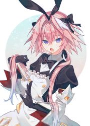 Rule 34 | 1boy, astolfo (fate), astolfo (saber) (fate), astolfo (saber) (third ascension) (fate), black bow, black gloves, black ribbon, blush, bow, bowtie, commentary request, fang, fate/grand order, fate (series), gloves, hair between eyes, hair bow, hair intakes, hair ornament, hair ribbon, highres, long hair, long sleeves, looking at viewer, male focus, multicolored hair, nakaba (mode), pink hair, puffy sleeves, purple eyes, rabbit hair ornament, ribbon, skin fang, solo, streaked hair, trap, twintails, white hair