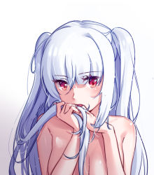 Rule 34 | 1girl, absurdres, aer (tengqiu), bare shoulders, blush, breasts, cleavage, essex (warship girls r), hair ornament, hand in own hair, highres, long hair, looking at viewer, medium breasts, naked shirt, open mouth, red eyes, shirt, silver hair, solo, topless, two side up, warship girls r, white background