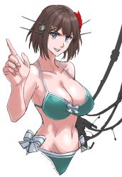 Rule 34 | 1girl, bikini, blue eyes, breasts, brown hair, cleavage, collarbone, commentary request, cowboy shot, green bikini, hair ornament, highres, index finger raised, kantai collection, large breasts, looking at viewer, maya (kancolle), short hair, simple background, solo, sozan, swimsuit, white background, x hair ornament