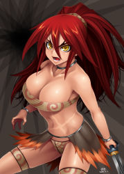 Rule 34 | 1girl, bandeau, bangle, bikini, black background, bracelet, breasts, collar, collarbone, cross scar, dark-skinned female, dark skin, dated, hair between eyes, happa (cloverppd), holding, holding sword, holding weapon, jewelry, large breasts, long hair, navel, open mouth, original, ponytail, red hair, scar, solo, swimsuit, sword, thigh strap, very long hair, warrior, weapon, yellow eyes