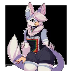Rule 34 | 1girl, 2021, animal ear fluff, animal ears, artist self-insert, beak, bird girl, collar, contrapposto, cowboy shot, fictional persona, furry, furry female, highres, hybrid, looking at viewer, original, short hair, shorts, silver hair, simple background, solo, spanish commentary, tail, tank top, tanookiluna, twitter username