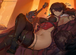 Rule 34 | 1girl, armpits, beidou (genshin impact), bottomless, breasts, brown hair, clothes lift, crossed legs, cutesexyrobutts, eyepatch, genshin impact, large breasts, looking at viewer, sitting, solo, tagme, thighs, wide hips