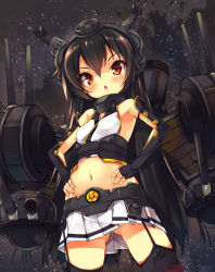 Rule 34 | 10s, 1girl, bare shoulders, black hair, blush, breasts, chestnut mouth, elbow gloves, fingerless gloves, garter straps, gloves, groin, hands on own hips, headgear, kantai collection, long hair, looking at viewer, mayusaki yuu, nagato (kancolle), navel, open mouth, personification, red eyes, skirt, small breasts, solo, thighhighs, aged down, zettai ryouiki