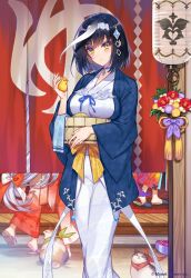 Rule 34 | 4girls, age of ishtaria, bird, black hair, blush, bow, breasts, camellia, cat, closed mouth, copyright notice, duck, flower, grey hair, hair ornament, highres, holding, ianos (age of ishtaria), japanese clothes, kimono, kuzunoha (age of ishtaria), large breasts, looking at viewer, multiple girls, munlu (wolupus), noren, sandals, slippers, solo focus, svafrlami (age of ishtaria), wide sleeves, yellow bow, yellow eyes, zouri