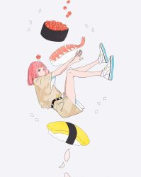 Rule 34 | 1girl, belt, expressionless, filtratiom, fish, fish (food), floating, food, gunkanmaki, highres, ikura (food), legs up, long hair, looking at viewer, nigirizushi, original, outstretched arms, pink hair, purple eyes, rice, roe, shoes, short sleeves, simple background, solo, sushi, white background, white footwear, wide sleeves