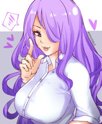 Rule 34 | 1340smile, 1girl, alternate costume, artist name, breasts, camilla (fire emblem), close-up, collared shirt, contemporary, fire emblem, fire emblem fates, hair over one eye, heart, highres, large breasts, looking at viewer, nintendo, one eye covered, parted lips, pointing, pointing up, purple eyes, purple hair, shirt, sleeves rolled up, solo, speech bubble, white shirt