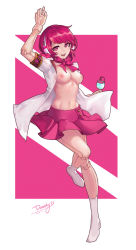 Rule 34 | 1girl, :d, absurdres, arm up, blouse, breasts, character name, cup, dorothy haze, drink, drinking glass, full body, glass, heart, heart in eye, highres, holding, holding drink, joints, kneehighs, leg up, medium breasts, navel, nipples, open clothes, open mouth, open shirt, oshino mirai, pink eyes, pink hair, pink neckwear, pink skirt, pleated skirt, robot joints, shirt, short hair, short sleeves, skirt, smile, socks, solo, symbol in eye, va-11 hall-a, white socks, white shirt