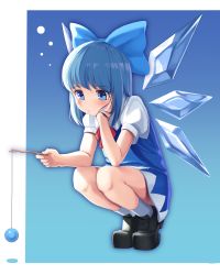 Rule 34 | 1girl, absurdres, black footwear, blue bow, blue eyes, blue hair, blush, bow, cirno, closed mouth, hair bow, highres, ice, ice wings, looking away, puffy short sleeves, puffy sleeves, shoes, short hair, short sleeves, socks, squatting, touhou, white socks, wings, wnehdrl