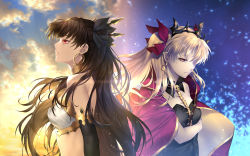 Rule 34 | 2girls, arm under breasts, asymmetrical sleeves, bare shoulders, black dress, black hair, blonde hair, cape, cloud, cloudy sky, crown, detached collar, detached sleeves, dress, earrings, elbow gloves, ereshkigal (fate), fate/grand order, fate (series), gloves, gold trim, highres, hoop earrings, ishtar (fate), jewelry, long hair, looking down, looking up, multicolored cape, multicolored clothes, multiple girls, nasaniliu, parted bangs, red cape, siblings, single detached sleeve, single elbow glove, single sleeve, sisters, sky, sun, sunset, tiara, two side up, uneven sleeves