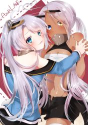 Rule 34 | 2girls, absurdres, ahoge, azur lane, bandeau, black sailor collar, black shorts, black skirt, blue eyes, blue shirt, blush, breasts, cleavage, closed mouth, commentary request, copyright name, covered mouth, cowboy shot, dark-skinned female, dark skin, eyes visible through hair, hair between eyes, heart, heart-shaped pupils, heart ahoge, heterochromia, highres, holding hands, horns, indianapolis (azur lane), large breasts, long hair, looking at viewer, mechanical horns, medium breasts, miniskirt, multiple girls, navel, off shoulder, open fly, pink hair, pleated skirt, portland (azur lane), sailor collar, shirt, sho tsubame arumi, shorts, siblings, side ponytail, sisters, skirt, smile, symbol-shaped pupils, thighhighs, turtleneck, twintails, very long hair, white bandeau, white thighhighs, yellow eyes