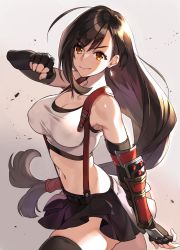 Rule 34 | 1girl, ahoge, armored gloves, asymmetrical gloves, bare shoulders, belt, black hair, black skirt, black thighhighs, blush, breasts, brown eyes, cleavage, collarbone, comeo (komeo15), commentary request, crop top, earrings, final fantasy, final fantasy vii, final fantasy vii remake, fingerless gauntlets, fingerless gloves, floating hair, gauntlets, gloves, highres, jewelry, large breasts, long hair, looking at viewer, low-tied long hair, midriff, miniskirt, navel, shirt, skirt, sleeveless, sleeveless shirt, smile, solo, suspenders, tank top, thighhighs, tifa lockhart, v-shaped eyebrows, very long hair, white shirt, zettai ryouiki