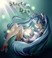Rule 34 | 1girl, aqua hair, barefoot, blue eyes, copyright name, detached sleeves, hatsune miku, heart, highres, long hair, shellmound, sherumaa (shellmound), skirt, solo, submerged, twintails, underwater, very long hair, vocaloid