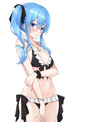 Rule 34 | 1girl, alternate costume, anchor necklace, asymmetrical hair, bikini, black bikini, black ribbon, blue eyes, blue hair, blush, bracelet, breasts, cleavage, closed mouth, commentary, cowboy shot, embarrassed, frilled bikini, frills, frown, hair between eyes, hair ribbon, highres, holding own arm, hololive, hoshimachi suisei, jewelry, kosuke (bb), light blue hair, long hair, looking at viewer, navel, necklace, ribbon, side ponytail, sidelocks, simple background, small breasts, solo, standing, star (symbol), star in eye, stomach, swimsuit, symbol-only commentary, symbol in eye, virtual youtuber, white background