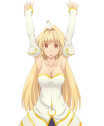 Rule 34 | 00s, 1girl, archetype earth, arcueid brunestud, arms up, breasts, cleavage, dress, female focus, long hair, mikeco, simple background, solo, tsukihime, white background