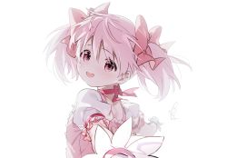 Rule 34 | 1girl, absurdres, almic, backlighting, choker, close-up, commentary request, dot nose, eyes visible through hair, flat chest, frilled sleeves, frills, from behind, gloves, hair ribbon, happy, highres, kaname madoka, light blush, light smile, looking at viewer, looking back, mahou shoujo madoka magica, mahou shoujo madoka magica (anime), outstretched arm, parted lips, pink choker, pink eyes, pink hair, pink neckwear, pink ribbon, puffy short sleeves, puffy sleeves, reaching, reaching towards viewer, ribbon, ribbon choker, shaded face, short sleeves, short twintails, signature, simple background, solo, tareme, twintails, upper body, white background, white gloves