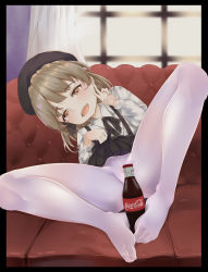 Rule 34 | 1girl, :d, absurdres, beret, black hat, black skirt, blurry, blurry background, brown eyes, brown hair, clothes lift, coke, coke bottle, collared shirt, couch, crotch seam, curtains, day, depth of field, fangs, feet, feet on toy, fingernails, hat, hatoba tsugu, heart, heart-shaped pupils, highres, holding with feet, indoors, leaning to the side, lifted by self, long hair, long sleeves, looking at viewer, mikawa sansen, no shoes, on couch, open mouth, panties, panties under pantyhose, pantyhose, pleated skirt, sexually suggestive, shirt, skirt, skirt lift, smile, solo, sunlight, suspender skirt, suspenders, symbol-shaped pupils, toes, underwear, v, virtual youtuber, white pantyhose, white shirt, window