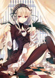 Rule 34 | 1girl, black thighhighs, blush, checkered floor, doll joints, dress, feathers, floor, frills, hairband, high heels, joints, lolita fashion, lolita hairband, long hair, red eyes, rozen maiden, silver hair, solo, suigintou, thighhighs, toosaka asagi, wings