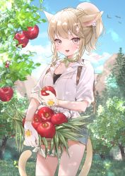 Rule 34 | 1girl, :d, animal ears, apple, apple tree, warrior of light (ff14), backpack, bag, basket, belt, blonde hair, breasts, cat ears, cat girl, cat tail, chii (pixiv20756878), day, denim, denim shorts, facial mark, fang, final fantasy, final fantasy xiv, flower, food, fruit, gloves, grass, highres, holding, holding food, holding fruit, jacket, medium breasts, medium hair, miqo&#039;te, open mouth, outdoors, partially unbuttoned, ponytail, short shorts, shorts, smile, tail, tree, whisker markings, white jacket