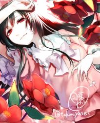 Rule 34 | 1girl, arm over head, artist name, asagi yuna, bad id, bad twitter id, black hair, bow, camellia, dutch angle, flower, frilled shirt collar, frills, half-closed eyes, hand on own stomach, houraisan kaguya, japanese clothes, long hair, looking at viewer, lying, red eyes, ribbon, skirt, smile, solo, touhou, twitter username