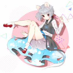 Rule 34 | 1girl, abe suke, animal ears, black skirt, black vest, bloomers, bobby socks, closed mouth, collared shirt, commentary request, dress shirt, full body, grey hair, hand up, highres, jewelry, knee up, leg up, long sleeves, mary janes, mouse ears, mouse girl, mouse tail, nazrin, pendant, red eyes, red footwear, red ribbon, ribbon, shirt, shoes, skirt, skirt set, socks, solo, tail, touhou, underwear, vest, white bloomers, white shirt, white socks