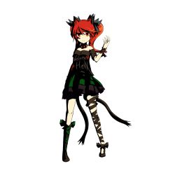 Rule 34 | 1girl, animal ears, ankle ribbon, asymmetrical footwear, asymmetrical legwear, boots, cat ears, cat tail, collar, cosplay, full body, hair ribbon, heart, hecatia lapislazuli, hecatia lapislazuli (cosplay), high heels, highres, kaenbyou rin, leg ribbon, light smile, long hair, looking at viewer, mismatched footwear, mismatched legwear, multiple tails, off-shoulder shirt, off shoulder, red eyes, red hair, ribbon, shadow, shirt, single boot, skirt, solo, tail, touhou, transparent background, wrist cuffs, zextillion