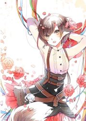 Rule 34 | 1girl, animal ears, bad id, bad twitter id, blue ribbon, brown eyes, brown hair, corset, dress shirt, emo (ricemo), flower, hands in hair, long sleeves, looking at viewer, open mouth, red flower, red ribbon, red rose, red skirt, ribbon, rose, ruby rose, rwby, shirt, short hair, skirt, solo, tail, white background, white shirt