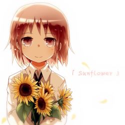 Rule 34 | 1girl, alice (openhexagon), black necktie, blush, brown eyes, brown hair, closed mouth, flower, holding, holding flower, kill me baby, looking at viewer, necktie, oribe yasuna, short hair, smile, solo, sunflower, upper body
