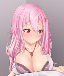 Rule 34 | 1girl, alternate breast size, between breasts, black bra, blush, bra, breasts, cleavage, collared shirt, commission, frilled bra, frills, guilty crown, hair ornament, hairclip, highres, kaiend, large breasts, long hair, looking away, necktie, necktie between breasts, open clothes, open shirt, pink hair, red eyes, shirt, solo, twintails, underwear, yuzuriha inori