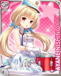 Rule 34 | 1girl, annoyed, blonde hair, blue ribbon, dress, drum, girlfriend (kari), hat, instrument, kneeling, marching band, nishino ayane, official art, open mouth, qp:flapper, red eyes, ribbon, solo, tagme, twintails, v-shaped eyebrows, white dress, white legwear