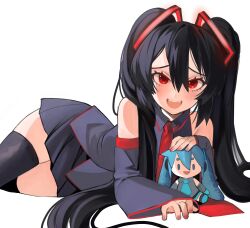 Rule 34 | 1girl, :d, absurdres, bare shoulders, black hair, character doll, detached sleeves, hair ornament, hatsune miku, highres, kumaartsu, long hair, looking at viewer, lying, nervous smile, on side, open mouth, red eyes, skirt, smile, solo, thighhighs, twintails, vocaloid, zatsune miku