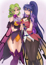 Rule 34 | 2girls, :d, absurdres, adapted costume, alternate costume, bare shoulders, black pantyhose, blue eyes, blue hair, blush, boots, braid, breasts, butterfly wings, cape, circlet, cleavage, collarbone, collared leotard, cowboy shot, dress, empty eyes, fire emblem, fire emblem: the sacred stones, fire emblem heroes, flower, gradient clothes, green eyes, green hair, hair flower, hair ornament, hazuki (nyorosuke), highres, holding hands, insect wings, l&#039;arachel (fire emblem), l&#039;arachel (resplendent) (fire emblem), large breasts, long hair, looking at viewer, multiple girls, nintendo, official alternate costume, open mouth, pantyhose, ponytail, purple thighhighs, shaded face, short dress, showgirl skirt, simple background, sleeveless, sleeveless turtleneck leotard, smile, standing, tana (fire emblem), thigh boots, thighhighs, thighs, turtleneck, twin braids, wings, wrist cuffs