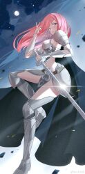 Rule 34 | 1girl, absurdres, armor, blue eyes, from side, glint, highres, holding, holding sword, holding weapon, jiu yue (tou xing jiuyue tian), knight, long hair, midriff, moon, navel, night, parted lips, pink hair, reverse grip, second-party source, shoulder guard, solo, sword, teeth, thighs, tou xing jiuyue tian, weapon, xiao yu nan gua