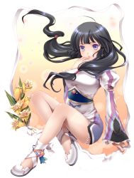 Rule 34 | 1girl, black hair, blush, breasts, finger to mouth, flower, highres, kohaku hearts, long hair, low-tied long hair, monchi (kashiwa2519), purple eyes, sitting, solo, tales of (series), tales of hearts, twintails