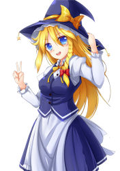 Rule 34 | 1girl, apron, blonde hair, blue eyes, blue hat, blue skirt, blue vest, blush, bow, bowtie, braid, breasts, buttons, commentary request, cookie (touhou), cowboy shot, frilled hat, frills, hair between eyes, hair bow, hair ornament, hat, hat bow, highres, kirisame marisa, long hair, looking at viewer, medium breasts, open mouth, red bow, ruka (cookie), side braid, simple background, single braid, skirt, smile, solo, star (symbol), star hair ornament, szk, touhou, v, vest, waist apron, white apron, white background, witch hat, yellow bow, yellow bowtie