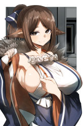 Rule 34 | 1girl, alternate breast size, animal ear fluff, animal ears, arknights, armpits, blue bow, blue coat, blush, border, bow, breasts, brown eyes, closed mouth, coat, collarbone, flower, flower trim, fox ears, gin moku, hair bow, highres, large breasts, long hair, long sleeves, looking at viewer, open clothes, open coat, outside border, parted bangs, perfumer (arknights), ponytail, presenting, rose, sideboob, smile, solo, sweatdrop, undressing, upper body, white border, white flower, white rose, wide sleeves