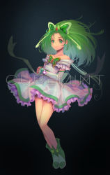 Rule 34 | 1girl, akimoto komachi, arm warmers, bare shoulders, black background, boots, butterfly earrings, butterfly hair ornament, character name, commentary request, cure mint, dress, earrings, eyebrows, frills, full body, gradient background, green dress, green eyes, green footwear, green hair, hair ornament, jewelry, jj (ssspulse), long hair, looking away, precure, smile, solo, watch, wristwatch, yes! precure 5
