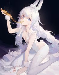 Rule 34 | + +, 1girl, animal ear fluff, animal ears, arm up, azur lane, bare shoulders, bed sheet, between legs, black background, blue eyes, braid, breasts, cheese, cheese trail, commentary, eating, fake animal ears, fake tail, food, food on clothes, hand between legs, high heels, highres, holding, holding food, kneeling, kuroduki (pieat), le malin (azur lane), le malin (listless lapin) (azur lane), leotard, long hair, looking at viewer, official alternate costume, on bed, pantyhose, pizza, rabbit ears, rabbit tail, shoes, unworn shoes, silver hair, simple background, small breasts, solo, tail, twin braids, very long hair, white footwear, white leotard, white pantyhose, wrist cuffs