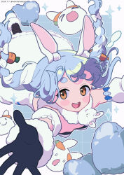 Rule 34 | 1girl, :d, animal ear fluff, animal ears, bare shoulders, black gloves, black pantyhose, blue hair, bow, braid, breasts, brown eyes, carrot hair ornament, commentary request, dated, detached sleeves, don-chan (usada pekora), dress, food-themed hair ornament, fur-trimmed dress, fur-trimmed gloves, fur trim, gloves, hair bow, hair ornament, heart, highres, hololive, multicolored hair, neki (wakiko), open mouth, outstretched arms, pantyhose, pekomon (usada pekora), puffy short sleeves, puffy sleeves, rabbit ears, short sleeves, small breasts, smile, sparkle, strapless, strapless dress, twin braids, twintails, twitter username, two-tone hair, usada pekora, virtual youtuber, white bow, white dress, white footwear, white hair, white sleeves