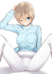 Rule 34 | 10s, 1girl, arm at side, arm support, belt pouch, blue eyes, blue sweater, blush, brave witches, closed mouth, crotch seam, fur trim, hair between eyes, hand on own head, hand up, knees up, light brown hair, long sleeves, looking at viewer, mikazuchi zeus, nikka edvardine katajainen, one eye closed, pantyhose, pouch, ribbed sweater, shadow, short hair, simple background, sitting, solo, spread legs, sweater, turtleneck, turtleneck sweater, white background, white pantyhose, world witches series