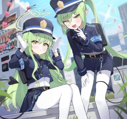 Rule 34 | 2girls, absurdres, black hat, blue archive, blush, demon tail, fang, gloves, green hair, green halo, halo, hat, hikari (blue archive), nozomi (blue archive), highres, loloco, long hair, long sleeves, looking at viewer, multiple girls, open mouth, pantyhose, peaked cap, pleated skirt, pointy ears, shorts, skirt, smile, tail, twintails, white gloves, white pantyhose, yellow eyes