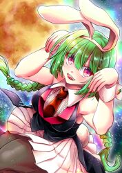 Rule 34 | 1girl, animal ears, armpit peek, black vest, braid, breasts, chinese zodiac, collared shirt, commentary request, cowboy shot, dated, fake animal ears, fake tail, full moon, green hair, grey pantyhose, hair between eyes, highres, large breasts, long hair, looking at viewer, low twin braids, moon, necktie, open mouth, original, pantyhose, pink eyes, pleated skirt, rabbit ears, rainbow, red necktie, shirt, signature, skirt, smile, solo, tail, takaha momo, twin braids, vest, white shirt, white skirt, wrist cuffs, year of the rabbit
