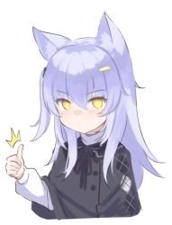 Rule 34 | 1girl, ^^^, animal ear fluff, animal ears, blue hair, capelet, cat ears, closed mouth, dot mouth, hair between eyes, hair ornament, hairclip, klaius, long hair, long sleeves, looking at viewer, original, side ponytail, simple background, solo, thumbs up, upper body, white background, yellow eyes
